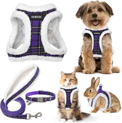 GAMUDA Small Dog Harness Collar and Leash Set, Step in No Chock No Pull Soft Mesh Adjustable Dog Vest Harnesses Plaid Reflective for Dogs Puppy Cats Kitten Rabbit (Warm Purple, L)