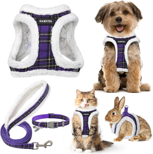 GAMUDA Small Dog Harness Collar and Leash Set, Step in No Chock No Pull Soft Mesh Adjustable Dog Vest Harnesses Plaid Reflective for Dogs Puppy Cats Kitten Rabbit (Warm Purple, L)