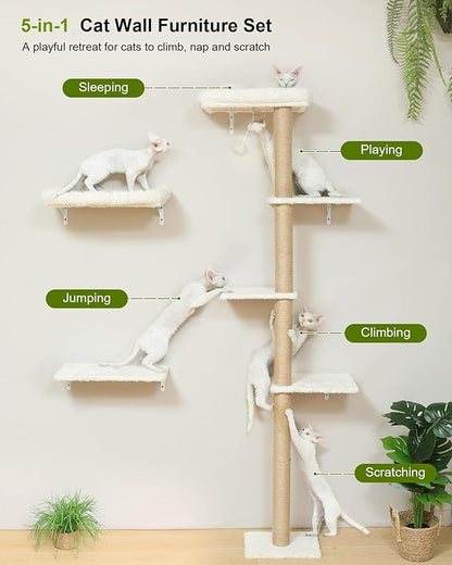 FUKUMARU Cat Wall Shelves, Stable Wall Mounted Cats Furniture Set, Kitten Scratching Post with Soft Cushion Perch, Space Saving Climbing Wall for 16 Inch Drywall - Beige