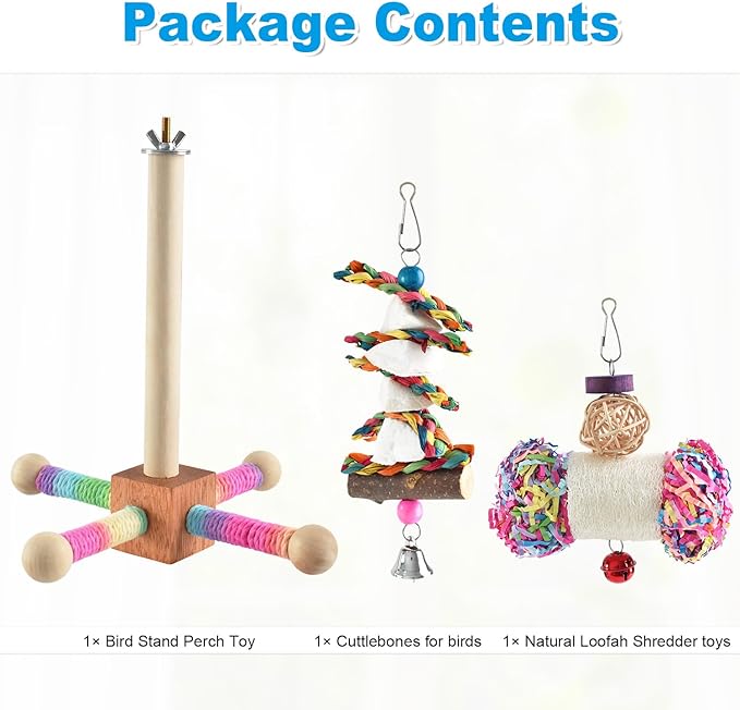 Bird Perch Toy, Interactive Spinning Parakeet Parrot Toys with Chew Toy, Parakeet Cage Accessories for Small and Medium Parrots, Enrichment Cockatiel Toys for Birds Cage