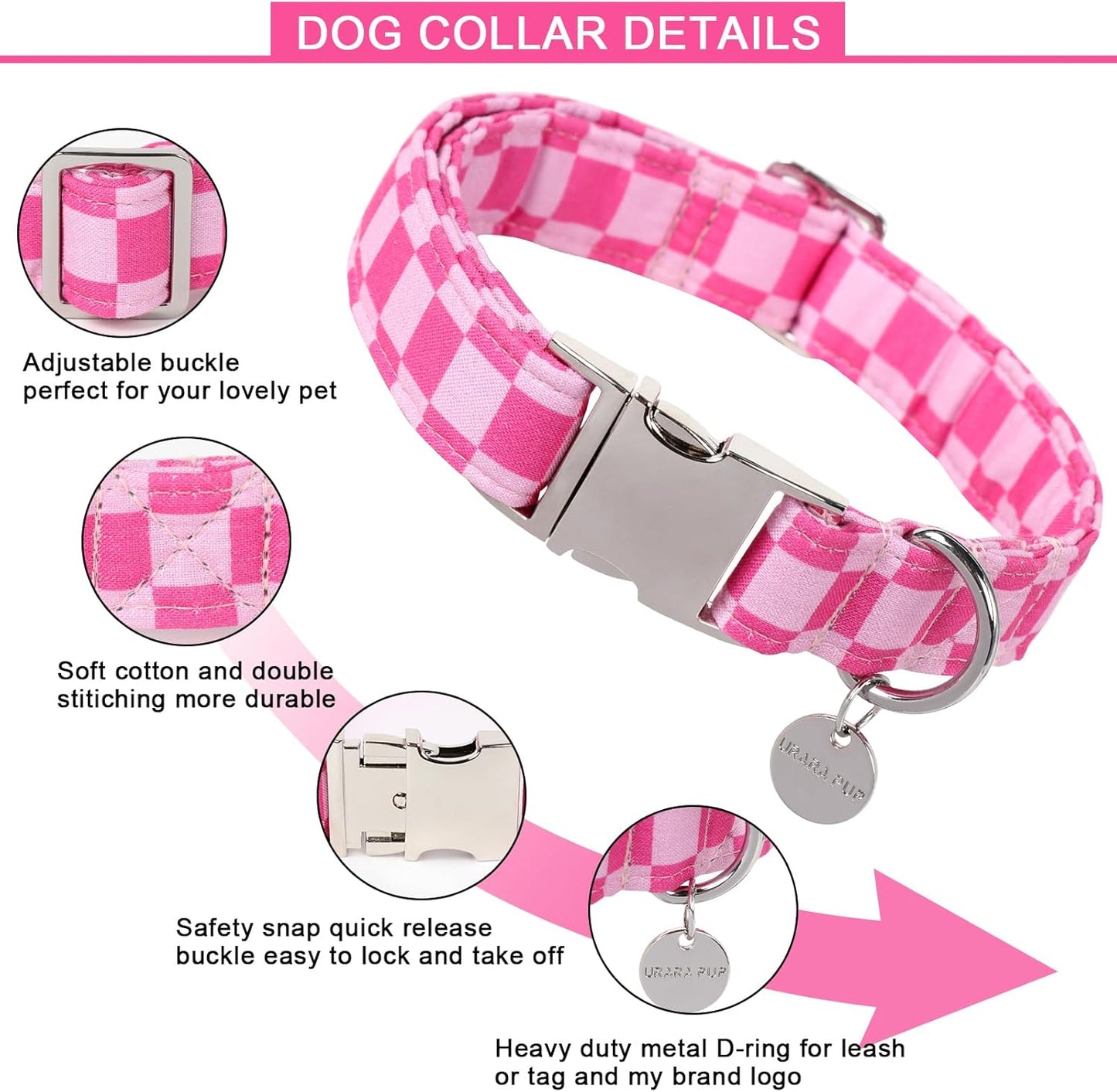 Dog Collar for Summer,Cute Pink Plaid Dog Collar,Cotton Puppy Collar with Adjustable Metal Buckle for Small,Medium,Large Girl Boy Dog