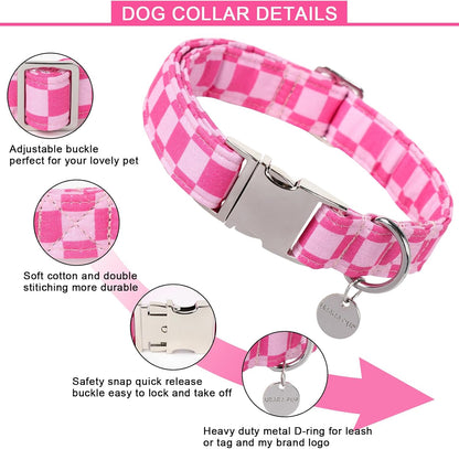 Dog Collar for Summer,Cute Pink Plaid Dog Collar,Cotton Puppy Collar with Adjustable Metal Buckle for Small,Medium,Large Girl Boy Dog