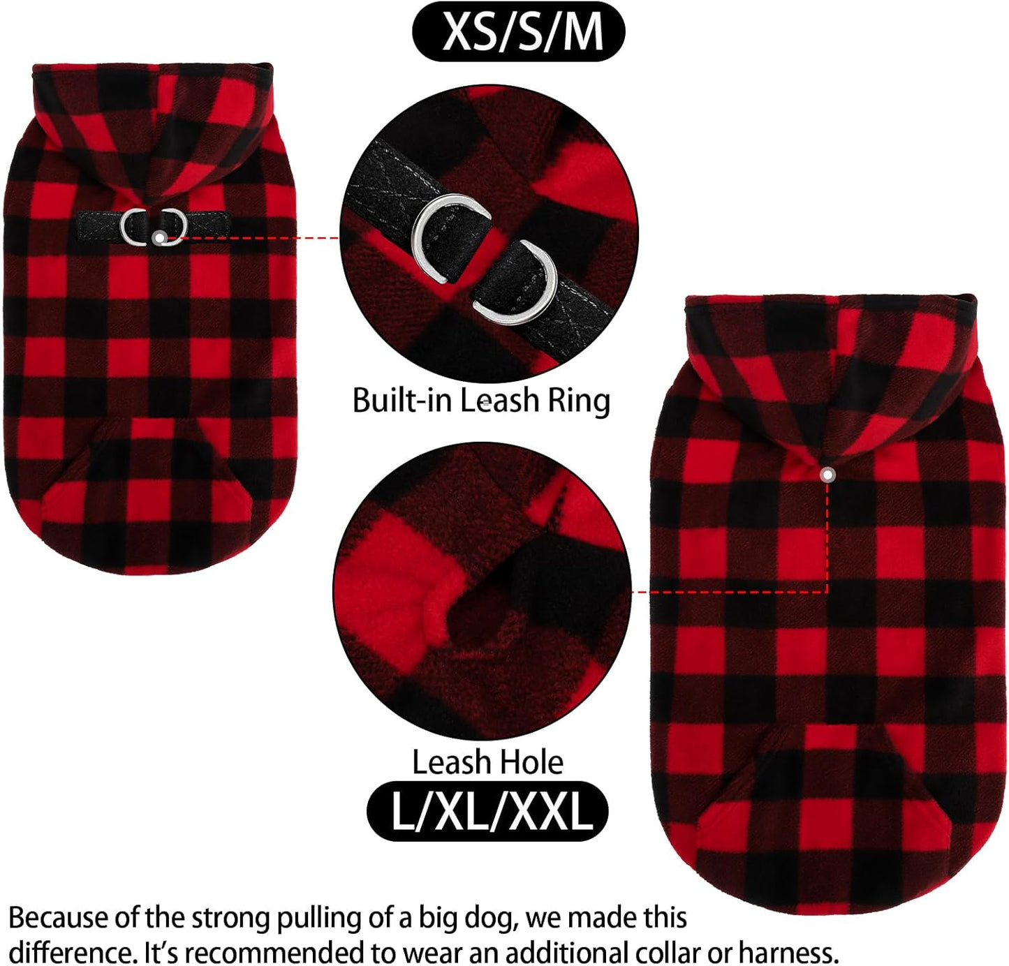 EXPAWLORER Dog Hoodie Fleece Sweater Vest, Plaid Dog Sweatshirt Fall Winter Pet Clothes with Leash Ring, Sleeveless Warm Cozy Puppy Clothing for Cat Small Medium Large Dogs Girl Boy, Checkered S