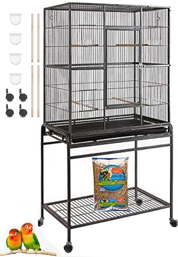 54" Large Wrought Iron Metal Bird Flight Breeder Cage with Side Breeding Nest Doors with Removable Rolling Stand