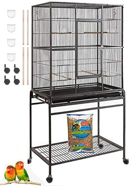 54" Large Wrought Iron Metal Bird Flight Breeder Cage with Side Breeding Nest Doors with Removable Rolling Stand