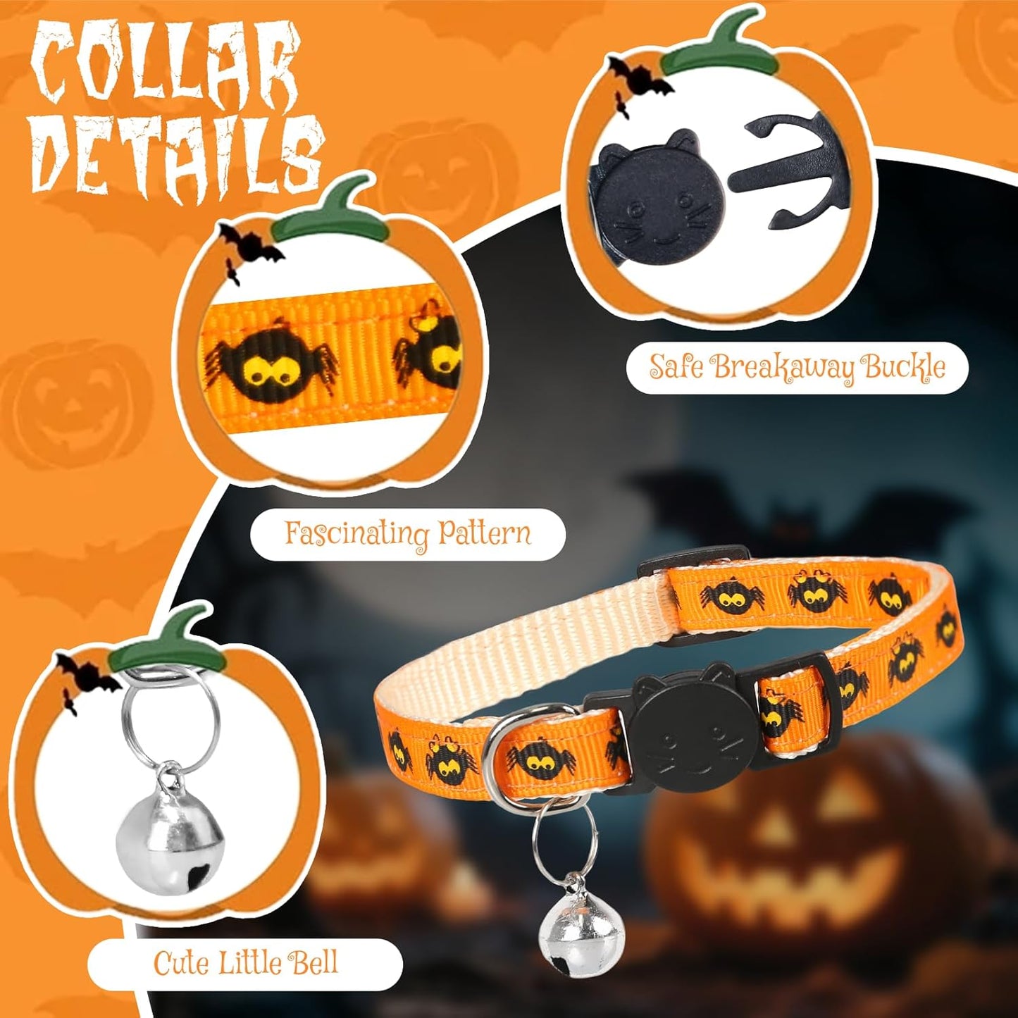 Halloween Cat Collar with Bell, Adjustable Comfortable Kitten Halloween Collar Breakaway, Spider Patterns Safety Holiday Cat Collars for Boys Girls,Kitten,Puppy Orange (7.5"-12.5")