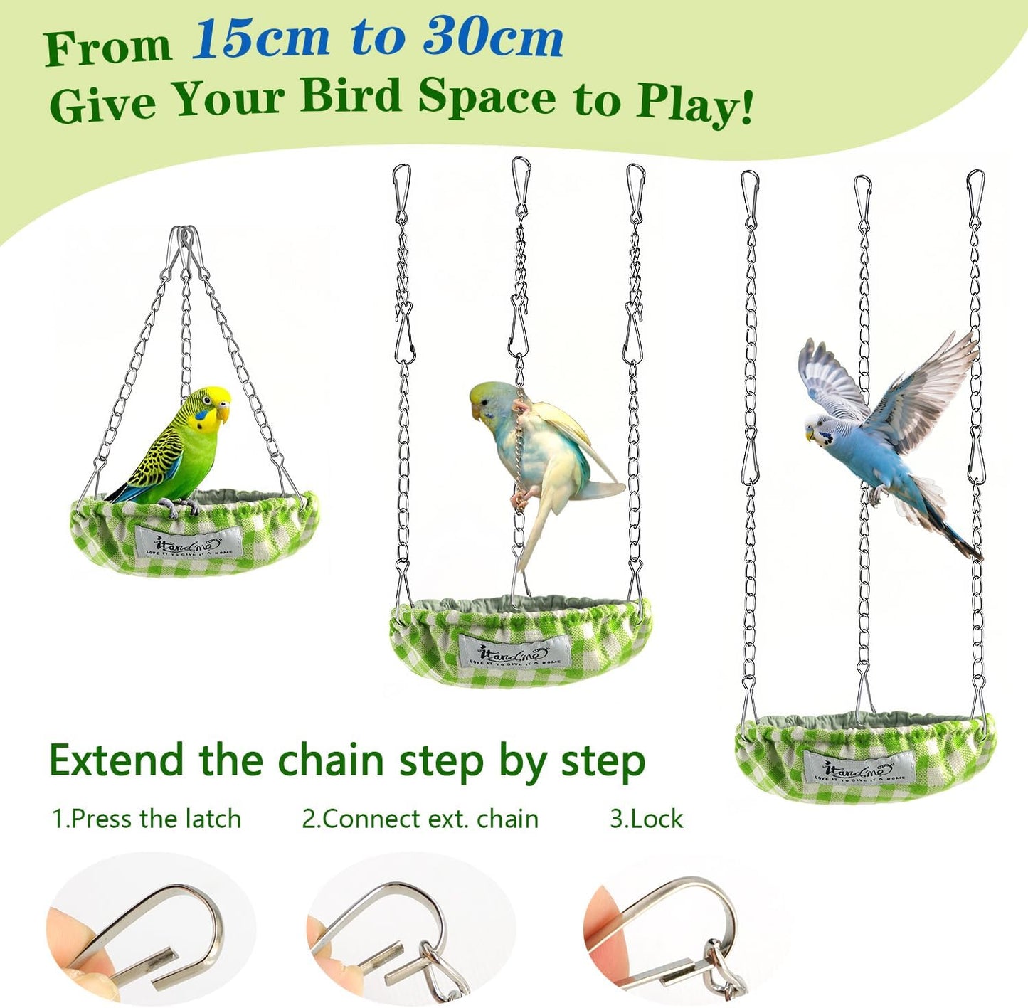 Waterproof Bird Bed with Adjustable Chain, Customizable Height Hanging Bird Hammock for Cage, Small Size Bird Nest with Durable Non-Collapsible Bottom, Bird Hut for Conures, Budgies (Green)