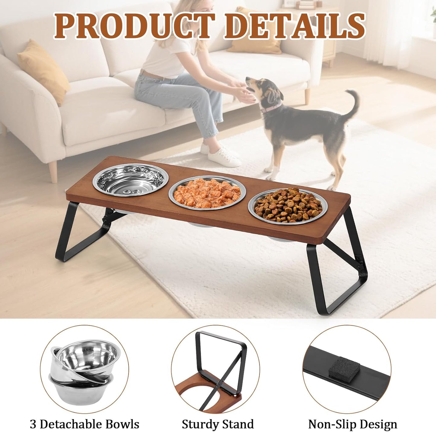Foldable Raised Cat Bowls Holder 3 Stainless Steel Dog Cat Feeder 12 °Tilt Elevated Pet Water Food Bowls for Cats Puppies Rabbits