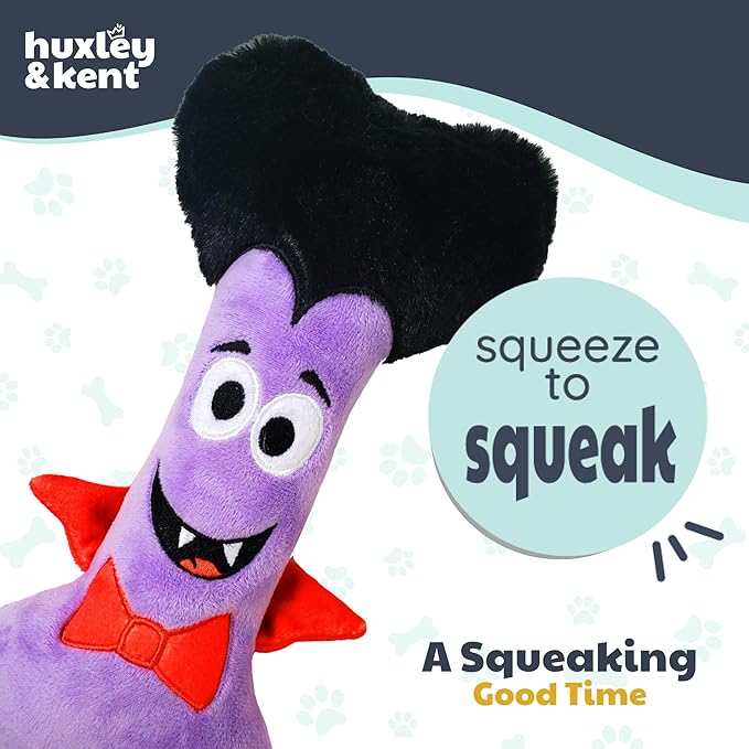 Huxley & Kent Halloween Funny Dog Toy w/Squeaker – Power Plush Squeaky Dog Toys for Small, Medium & Large Dogs – Soft Stuffed Animal for Indoor Play & Fetch - Dracula Bone, One Size