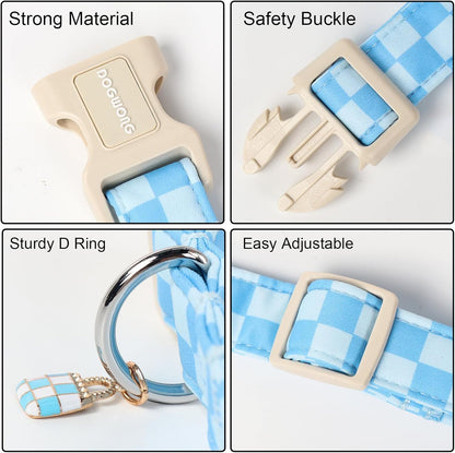 DOGWONG Blue Checkered Dog Collar, Blue Plaid Dog Collars, Adjustable Cute Boy Pet Collars Girl Design Dog Collar for Small Medium Large Dogs