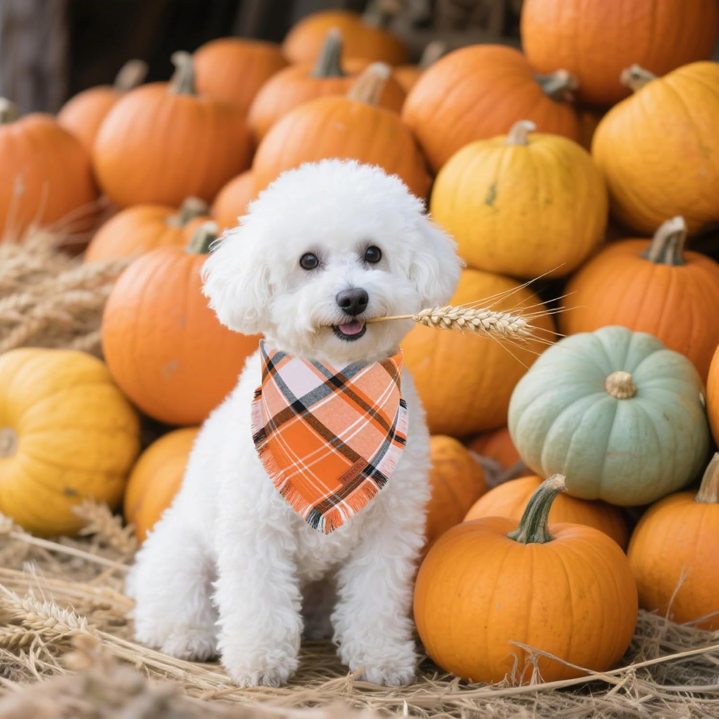 PTDECOR Fall Dog Bandanas with Tassels Edges, 2 Pack Orange Plaid Scarf Bib, Halloween Thanksgiving Pet Bandana, Reversible Triangle Bandanas for Small Dogs Puppies Cats(Small)