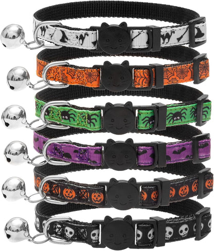 PUPTECK Halloween Cat Collar with Bell 6 Packs Breakaway - Soft Adjustable Kitten Kitty Collars for Small Pet Puppy Bunny with Safety Release Buckle