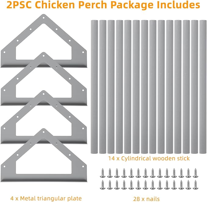 SHINOSKE 2 Pack Chick Perch,Chicken Toys for Coop,Wooden Chicken Roosting Bars with Metal Stand,Coop Accessories & Supplies for Chicks,Easy to Assemble,Grey(Large x 2)