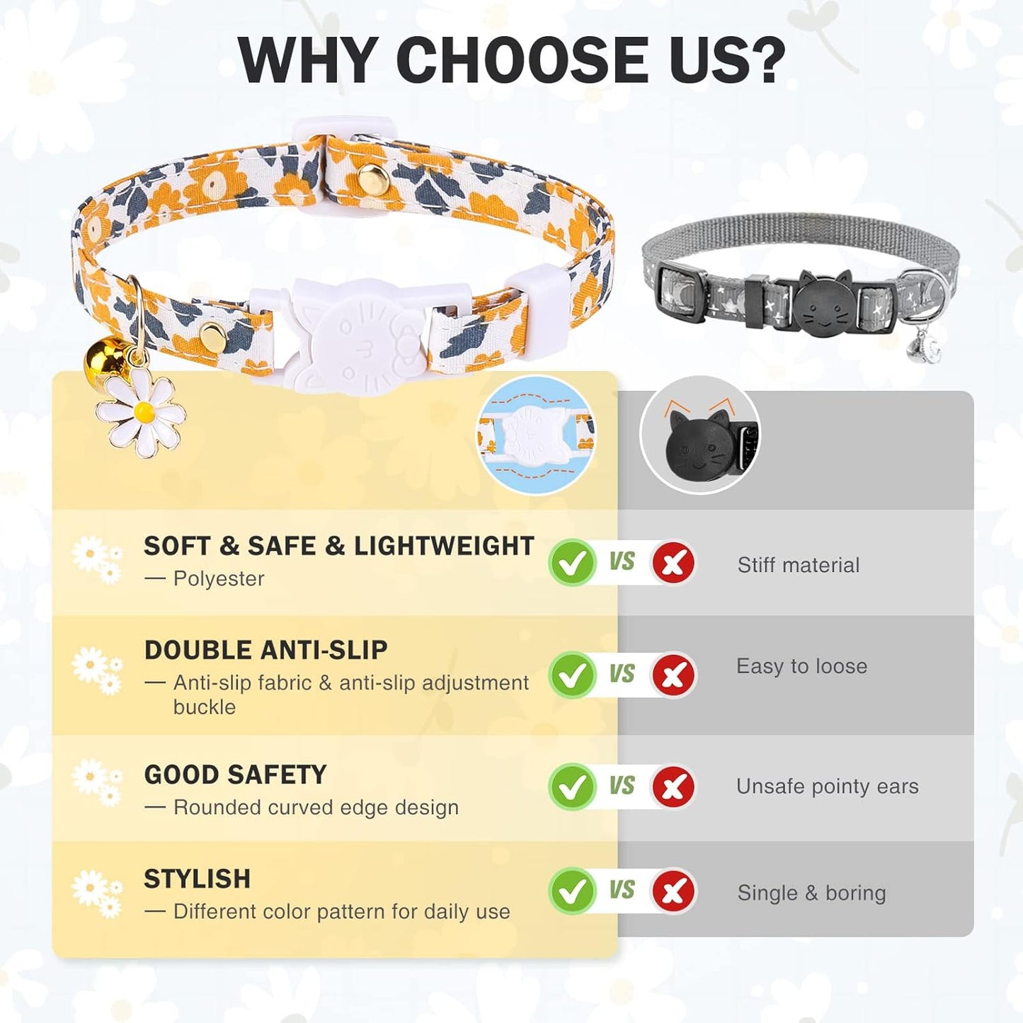 3 Pack Breakaway Cat Collars with Bell- Flower Pendant Spring Cat Collar for Girl Boy Cats with Safety Buckle- Cute Kitten Collar Adjustable 8"-12" for Kitty Puppy Small Pets