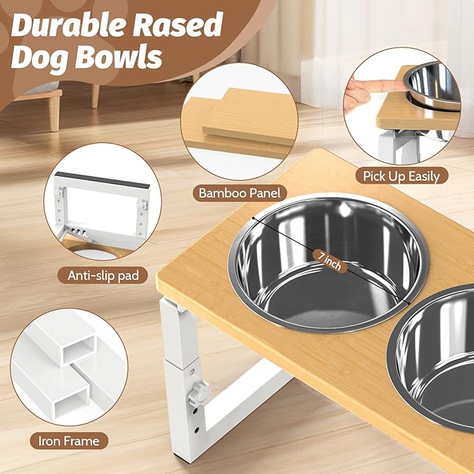 Dog Bowls Elevated, 4 Height & Angle Adjustable Raised Dog Bowl Stand, Elevated Dogs Bowl Stand For Medium Sized Pet, Sturdy Bamboo Dogs Feeding Station With 2x 48oz(6cup) Stainless Steel Dishes,White