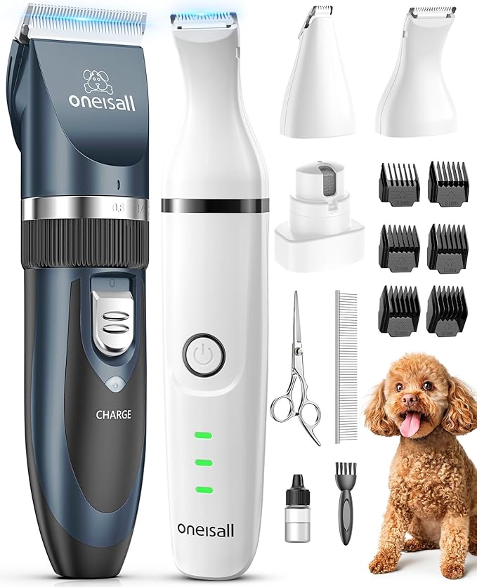oneisall Dog Clippers and Paw Trimmer Kit 2 in 1 Low Noise Cordless Dog Clippers for Grooming Pet Hair Trimmers for Small and Large Dogs Cats Animals