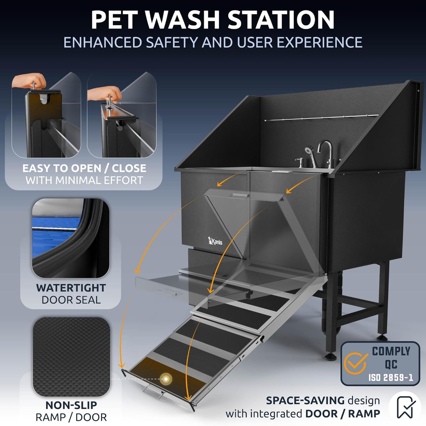 KANIS Black Line Professional Dog Washing Station - 304 Stainless Steel Pet Wash Sink & Grooming Bathtub w/Shower, Floor Grates and Storage for Large, Medium & Small Pets (50", 1 Drawer - Right Ramp)