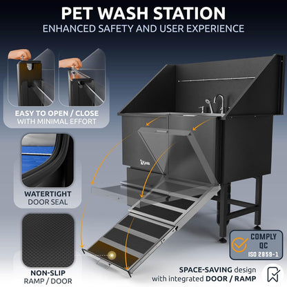 KANIS Black Line Professional Dog Washing Station - 304 Stainless Steel Pet Wash Sink & Grooming Bathtub w/Shower, Floor Grates and Storage for Large, Medium & Small Pets (50", 1 Drawer - Right Ramp)