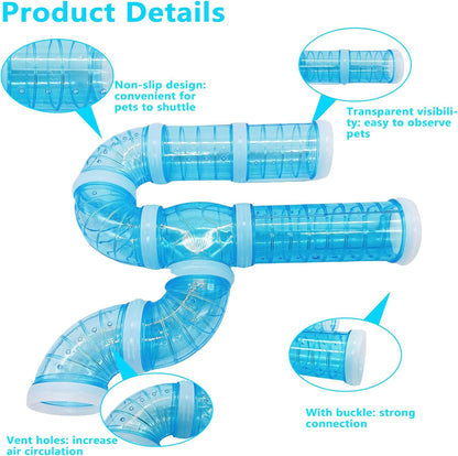 8PCS Hamster Tunnel Tube DIY Assorted Toy Transparent Adventure Pipe Playground Excercise Set for Mouse Syrian Hamster Gerbil Rat (Blue)