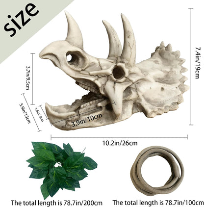 Bearded Dragon Resin Triceratops Skull Hide Decoration Reptiles Artificial Hideout Cave Landscape Tank Accessories Vines Leaves Hideaway Ornaments for Lizards Snake Gecko