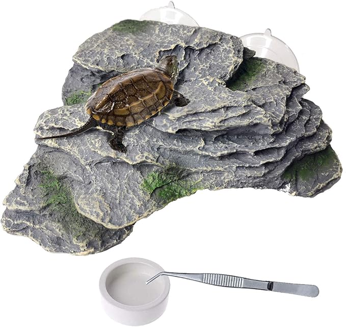 PINVNBY Basking Platform for Turtles Tortoise Dock Resin Resting Rock Reptile Habitat Climbing Ornament Floating Ledge Aquarium Decoration with 2 Pcs Suction Cups for Frogs, Newts,Lizard(3 Pcs)