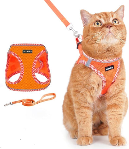 Rttochfy Cat Harness and Leash Set, Escape Proof Kitten Harness, Soft and Breathable Vest with Reflective Strip, Easy to Wear for Cats Walking and Traveling (Orange, S)