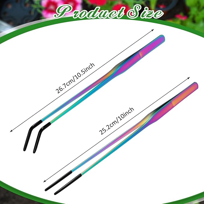 Lasnten 2 Pcs Extra Long Stainless Steel Reptile Feeding Tongs with Rubber Tip Bearded Dragon Aquarium Straight and Curved Long Tweezer Terrarium Feeder Tool for Tank(10 Inch, 10.5 Inch,Colorful)