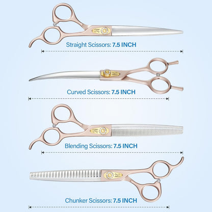 JASON Professional 6 in 1 Dog Scissors Kit - 7.5" Thinning, Chunker, Straight, Curved Shears and Comb for Cat, Rosegold