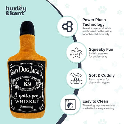 Huxley & Kent Funny Dog Toys w/Squeaker & Crinkl -Stimulating & Interactive Chew Toy for Dogs - Mesh Lined Stuffed Doggie Toy - Easy to Clean Doggie Toys for All Breeds (Bad Dog Jack's Whiskey,Small)