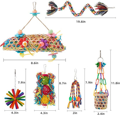 RLRICH 6 Pack Bird Colorful Chewing Toys Parrot Foraging Shredder Toys Shred Hanging Foraging Toys,Comfy Perch Parakeet Toys for Rope Bungee Bird Toy