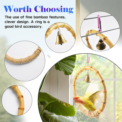 Bamboo Ring Bird Swing Perch,Large Circle Cage Hanging Toys,Bird Perch Climbing Toy Steady Natural Birds Hemp Rope Swings for Budgie,Cockatiels,Conures,Finches,Small Parakeets