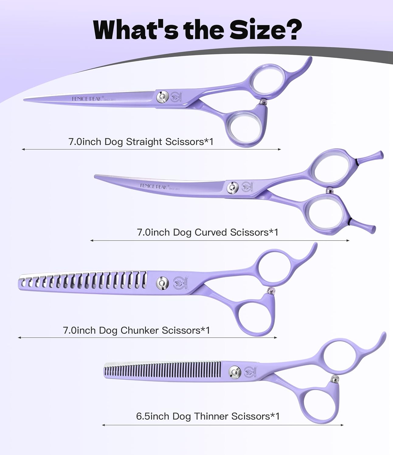 Fenice Peak 7" Professional Dog Grooming Scissors Set, Japanese 440C Stainless Steel Straight Thinning Curved Chunker Shears for Pet Grooming, Trimming Face, Paws, Violet