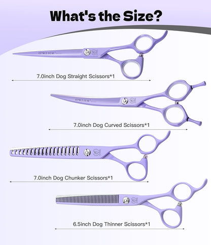 Fenice Peak 7" Professional Dog Grooming Scissors Set, Japanese 440C Stainless Steel Straight Thinning Curved Chunker Shears for Pet Grooming, Trimming Face, Paws, Violet