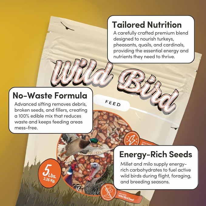 Mycelium Organic Wild Bird Feed (5 LB Bag) | Balanced Wild Bird Seed Mix for Turkeys, Pheasants, Quails & Cardinals | High-Energy Nutrition | Sifted, Non-GMO, Made in USA