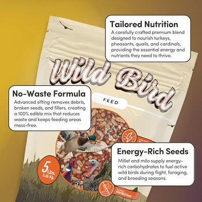 Mycelium Organic Wild Bird Feed (5 LB Bag) | Balanced Wild Bird Seed Mix for Turkeys, Pheasants, Quails & Cardinals | High-Energy Nutrition | Sifted, Non-GMO, Made in USA