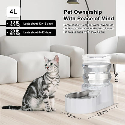 RIZZARI Pet Water Bowl Dispenser: 4L Automatic Stainless Steel Gravity Feeder - Large Capacity for 8-20 LB Cats and Dogs with Joint Spine Pain - for Kitchen Bedroom