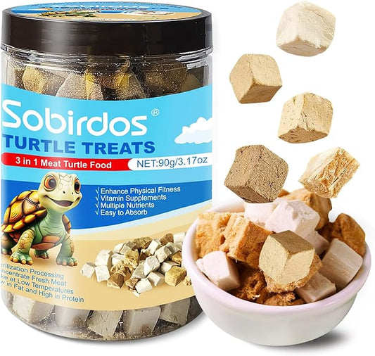 Turtle Treats,3 in 1 Meat Turtle Food,Made with Fresh Meat,Chicken&Duck&Fish Freeze-Dried,Enriched Protein & Vitamins(90g/3.17oz) (S, Chicken)