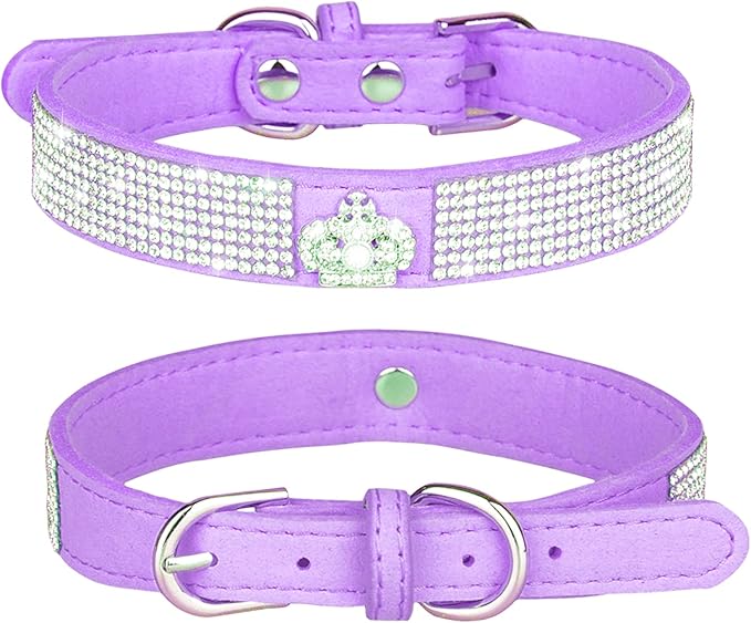 Rhinestone Dog Collar, Cute Dazzling Sparkling Soft Suede Leather Adjustable Pet Dog Cat Collar Crystal Diamond for Puppy Small Medium Large Dogs (S:26-32cm, Purple-4)