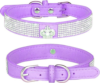 Rhinestone Dog Collar, Cute Dazzling Sparkling Soft Suede Leather Adjustable Pet Dog Cat Collar Crystal Diamond for Puppy Small Medium Large Dogs (L:38-46cm, Purple-4)