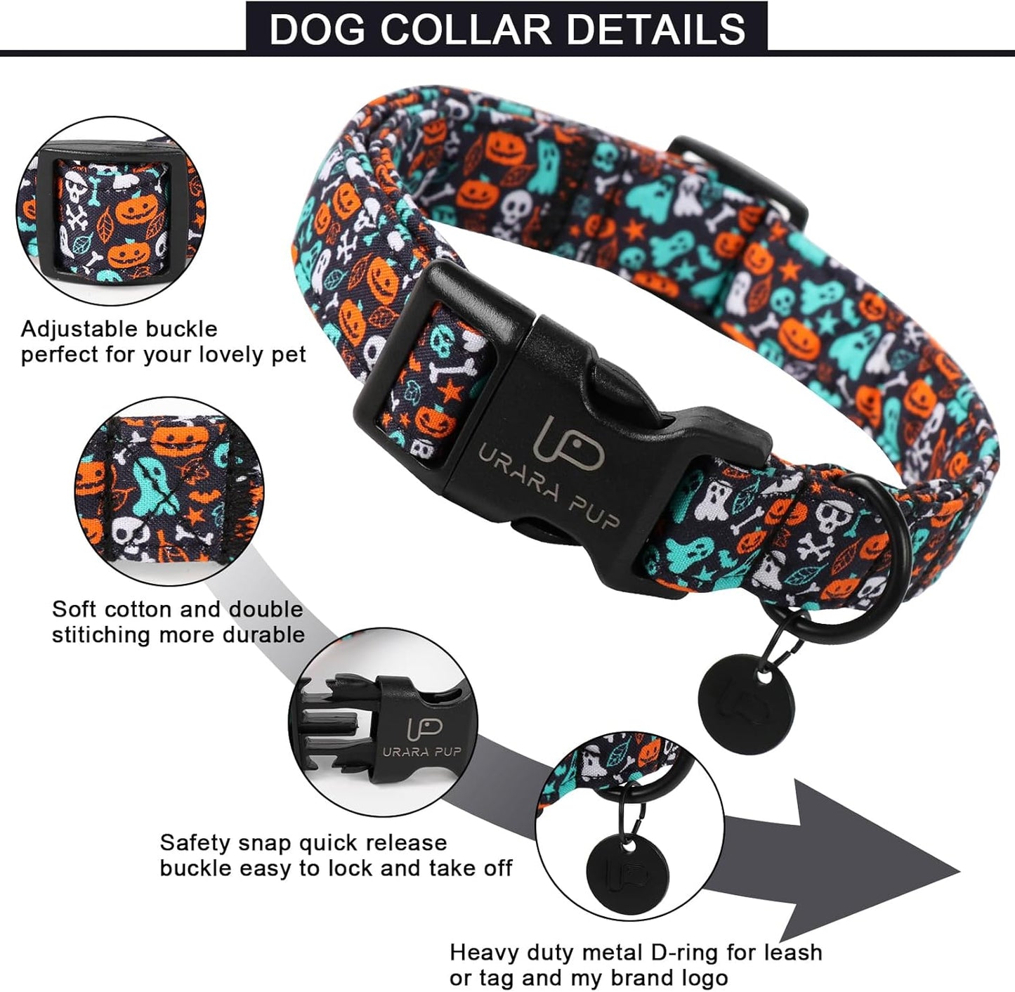 Halloween Dog Collar, UP URARA PUP Cotton Skull Ghost Dog Collar for Small Dog, Fall Pet Collar with Halloween Elements Pattern, Adjustable Puppy Collar,L