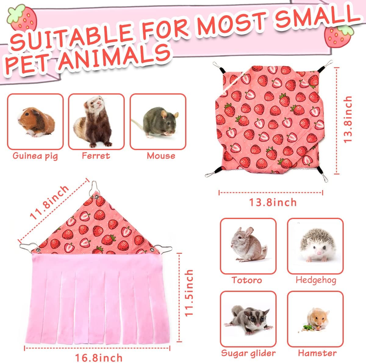 LEFTSTARER Pet Small Animal Hanging Hammock Ferret Bunkbed Hammock Cage Toy for Hamster Rat Sugar Glider Parrot Guinea Pig Hideout Play Sleep (Strawberry Hammock and Corner Hideout)