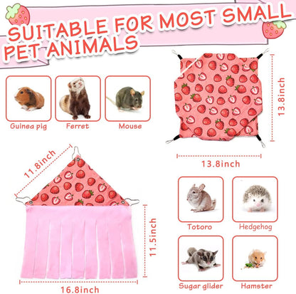 LEFTSTARER Pet Small Animal Hanging Hammock Ferret Bunkbed Hammock Cage Toy for Hamster Rat Sugar Glider Parrot Guinea Pig Hideout Play Sleep (Strawberry Hammock and Corner Hideout)