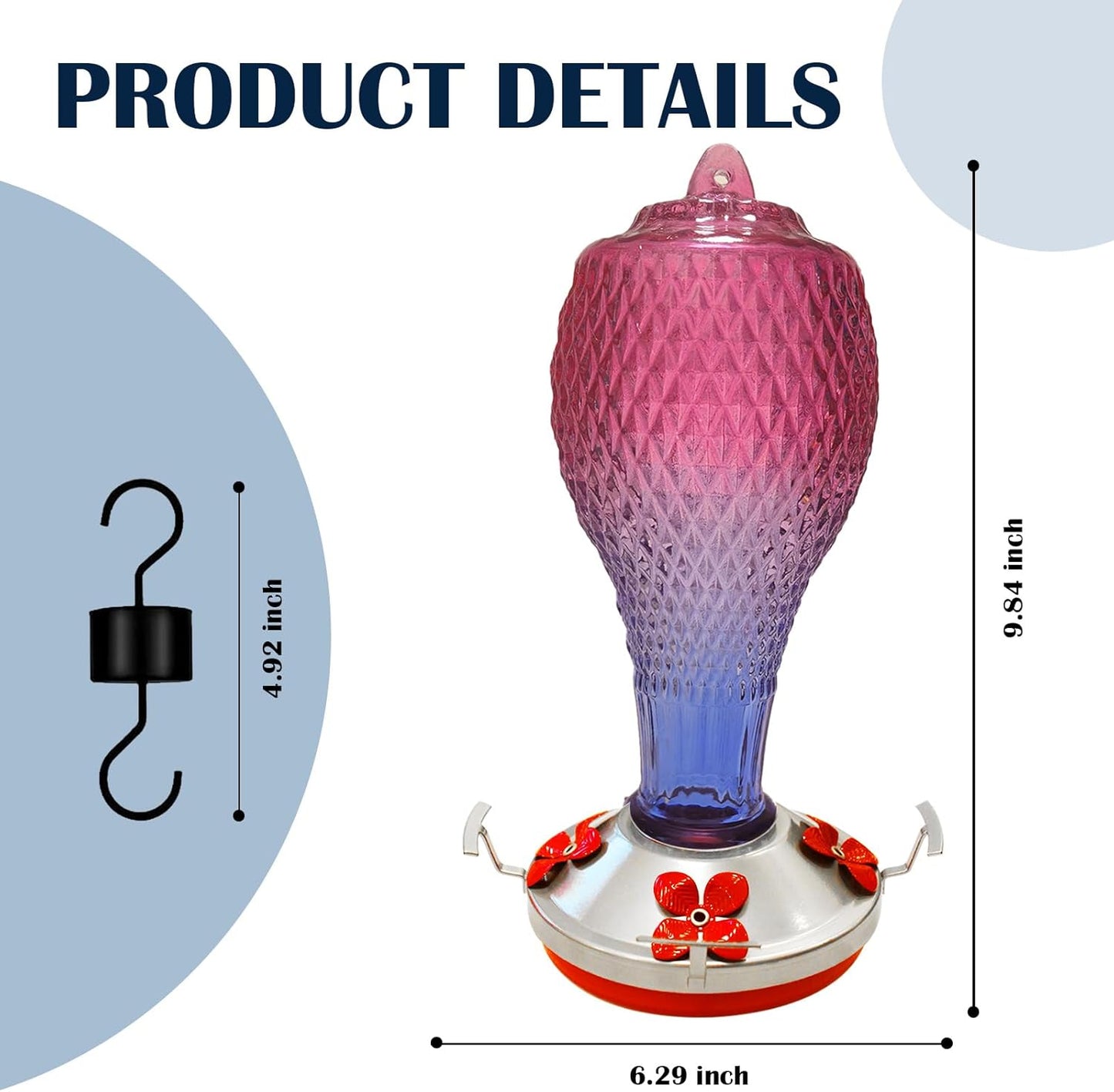 Hummingbird Feeder for Outdoors,17 OZ Glass Humming Bird Feeder for Garden,Backyard Decor,Four Flowers Feeding Ports,Leak Proof,Ant Moat Included,Humming Gifts for Women