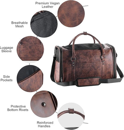 Stylish Leather Pet Carrier for Small Dogs and Cats Up to 15 lbs, Airline Approved Lightweight Travel Tote with Breathable Mesh and Shoulder Strap Coffee