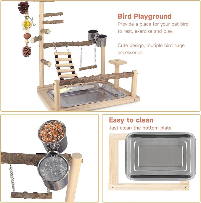 Bird Playground Natural Parrot Toys Perch Stand Cockatiel Swing with Chew Toys Parrot Platform with Feeder Cups Parakeet Playground Bird Cage Play Stand for Conure Parakeet Cockatiel