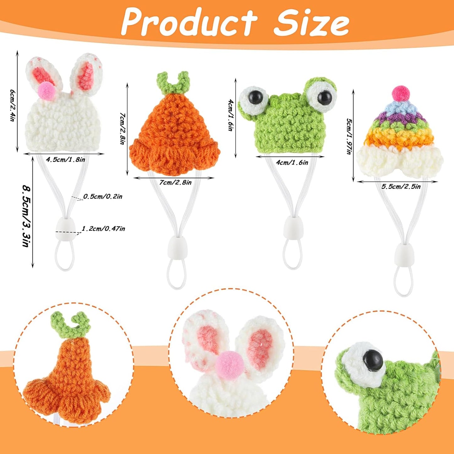 Thinp 4 Pcs Knitted Hats for Small Animals - Cute Tiny Hamster & Guinea Pig Hats with Adjustable Strap - Snake, Rainbow Bunny & Carrot Themed