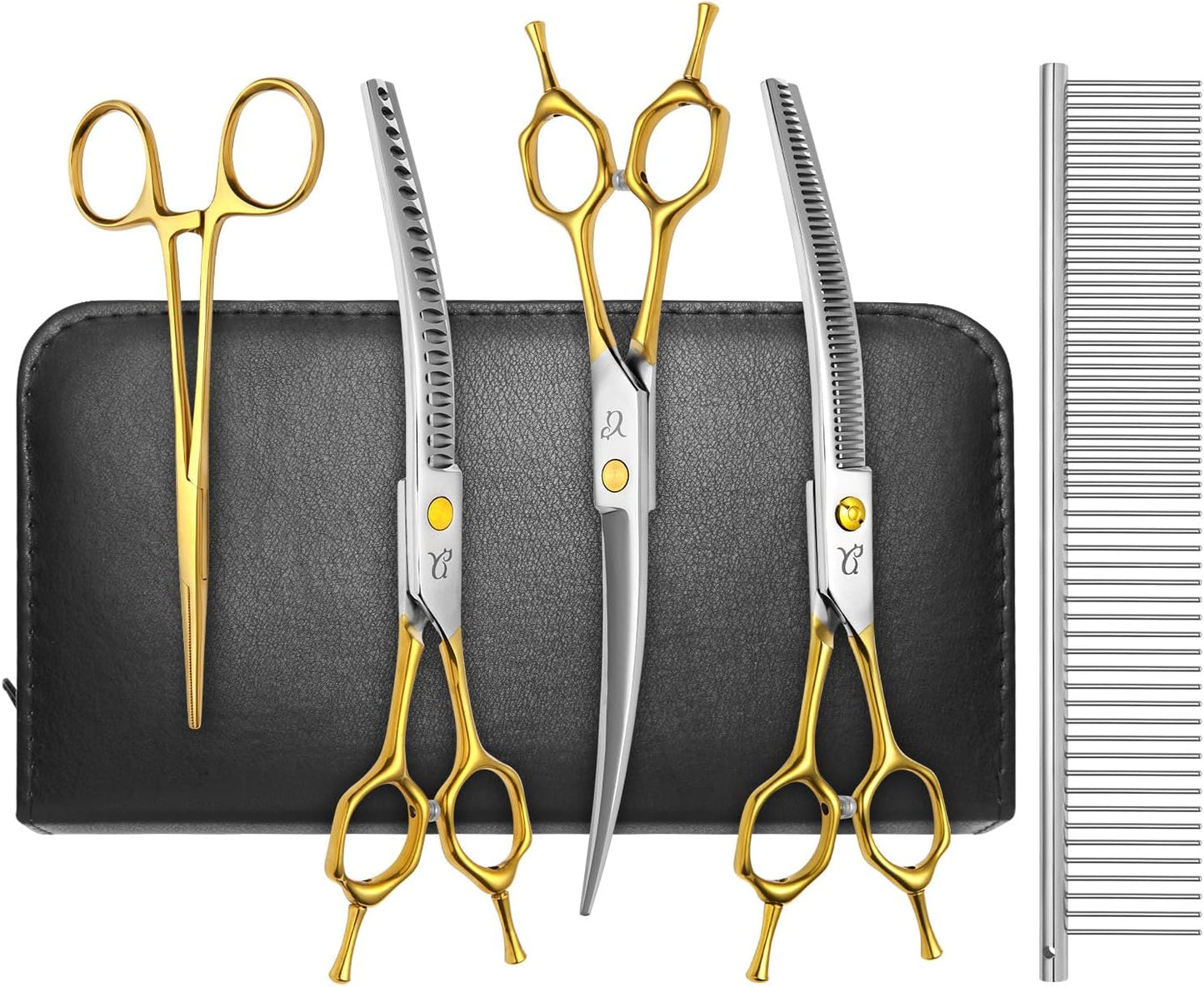 Dog Grooming Scissors,Curved Thinning Shears Curved Chunkers Shears with Safety Round Tips, Sharp and Comfortable 4 in 1 Dog Scissors for Grooming