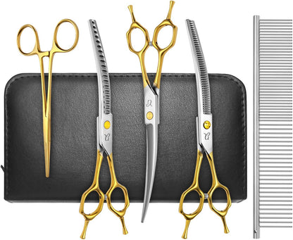Dog Grooming Scissors,Curved Thinning Shears Curved Chunkers Shears with Safety Round Tips, Sharp and Comfortable 4 in 1 Dog Scissors for Grooming