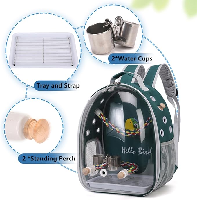 Bird Traval Carrier Cage, Multi Vent Holes Clear Space Capsule Astronaut Backpack to Carry Parakeet Cockatiel Parrot with Metal Tray Wood Perch, Vet Transport Book Bag (Green) (GREEN1)