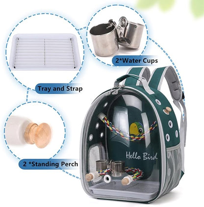 Bird Traval Carrier Cage, Multi Vent Holes Clear Space Capsule Astronaut Backpack to Carry Parakeet Cockatiel Parrot with Metal Tray Wood Perch, Vet Transport Book Bag (Green) (GREEN1)